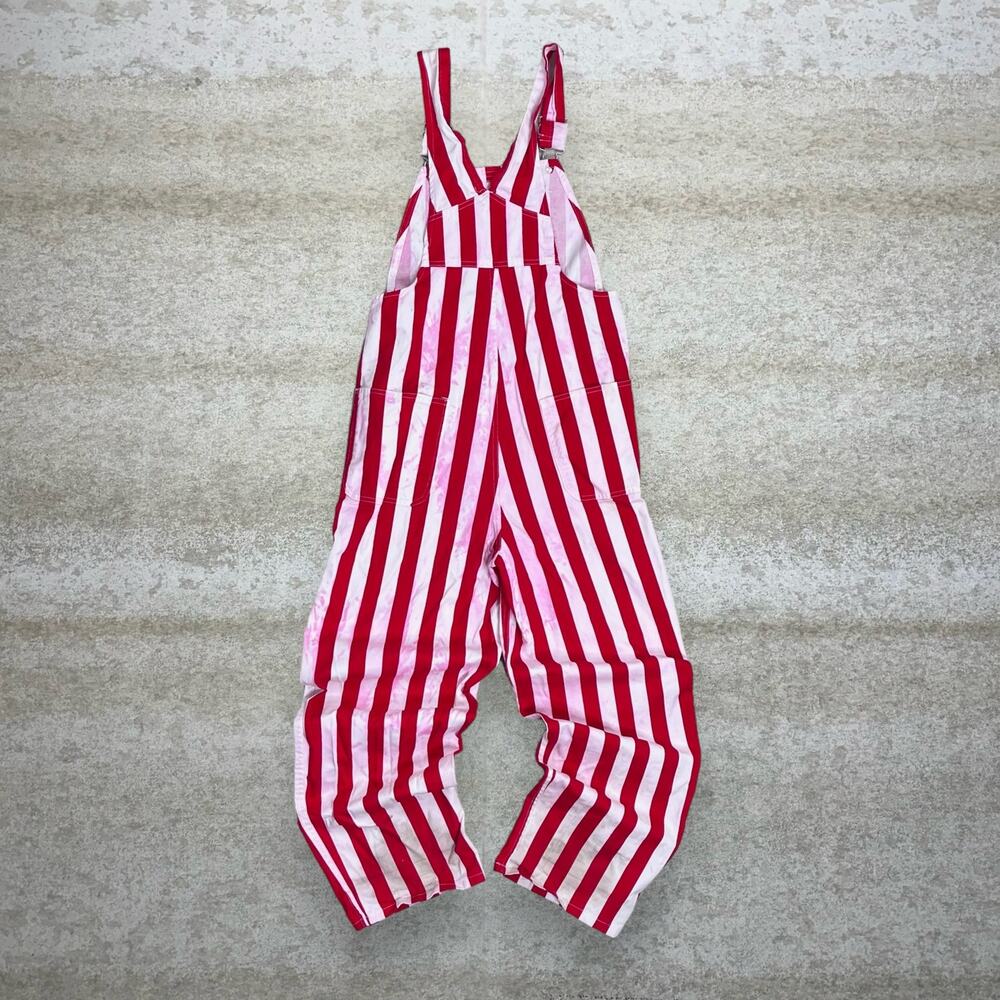 Vintage 90s Game Bibs Overalls Mens S Baggy Fit Wide Leg Red White Striped Work - Picture 2 of 4